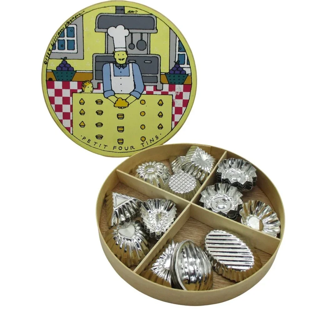 Vintage 1984 Lillian Vernon Petit Four Tins Set With Decorative Box 12 Metal Set